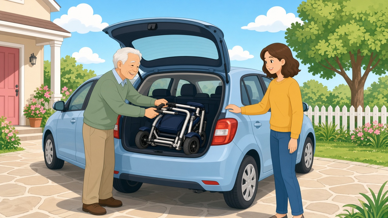 An older man and a family helper loading a folded mobility scooter into a hatchback trunk