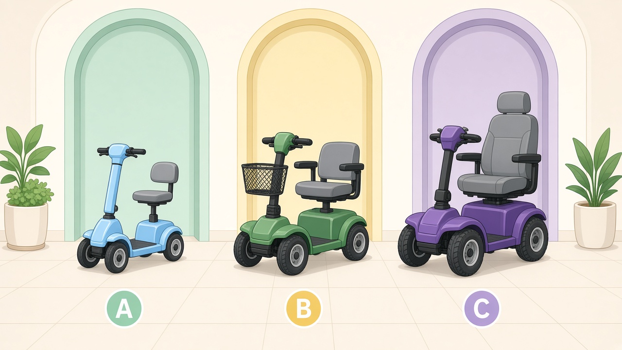 Three mobility scooters in a size ladder from compact to heavy-duty