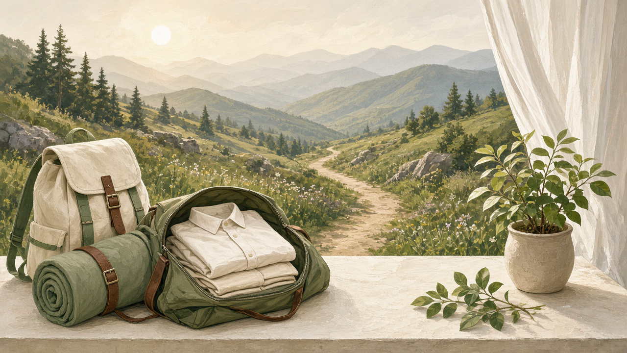 Packed wrinkle-free weekend travel wardrobe beside a hiking trail